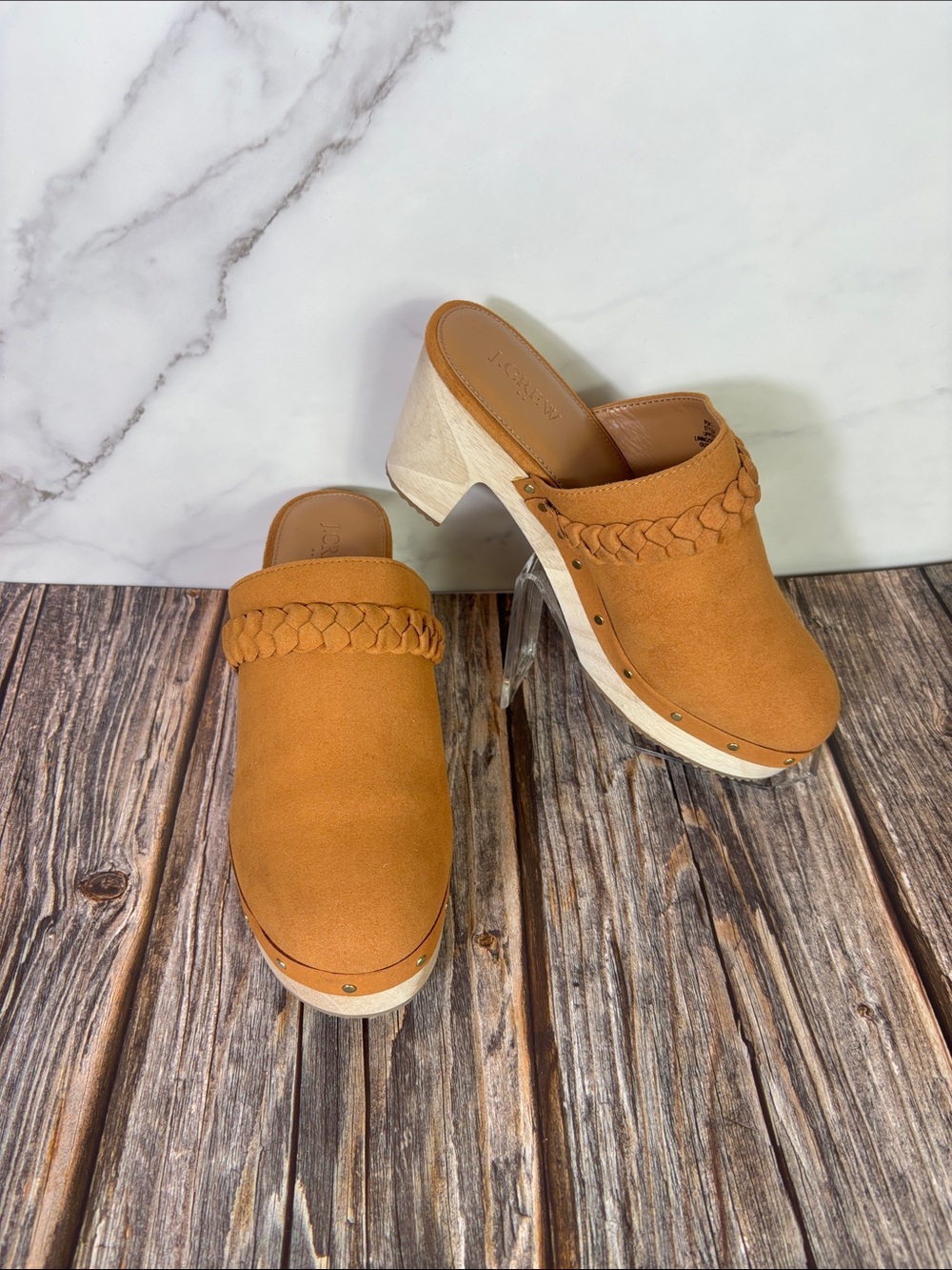 J.Crew Faux Suede Wood Heel Platform Clogs Boho Mule Sz 8 Festival, Scandinavian